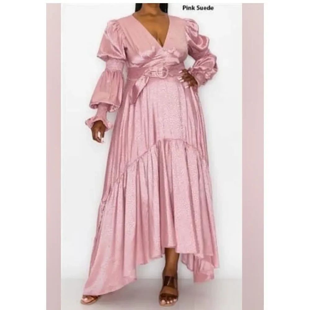 Rosevelvet NWT pink suede Victorian animal print hi low hem smocking on sleeve w